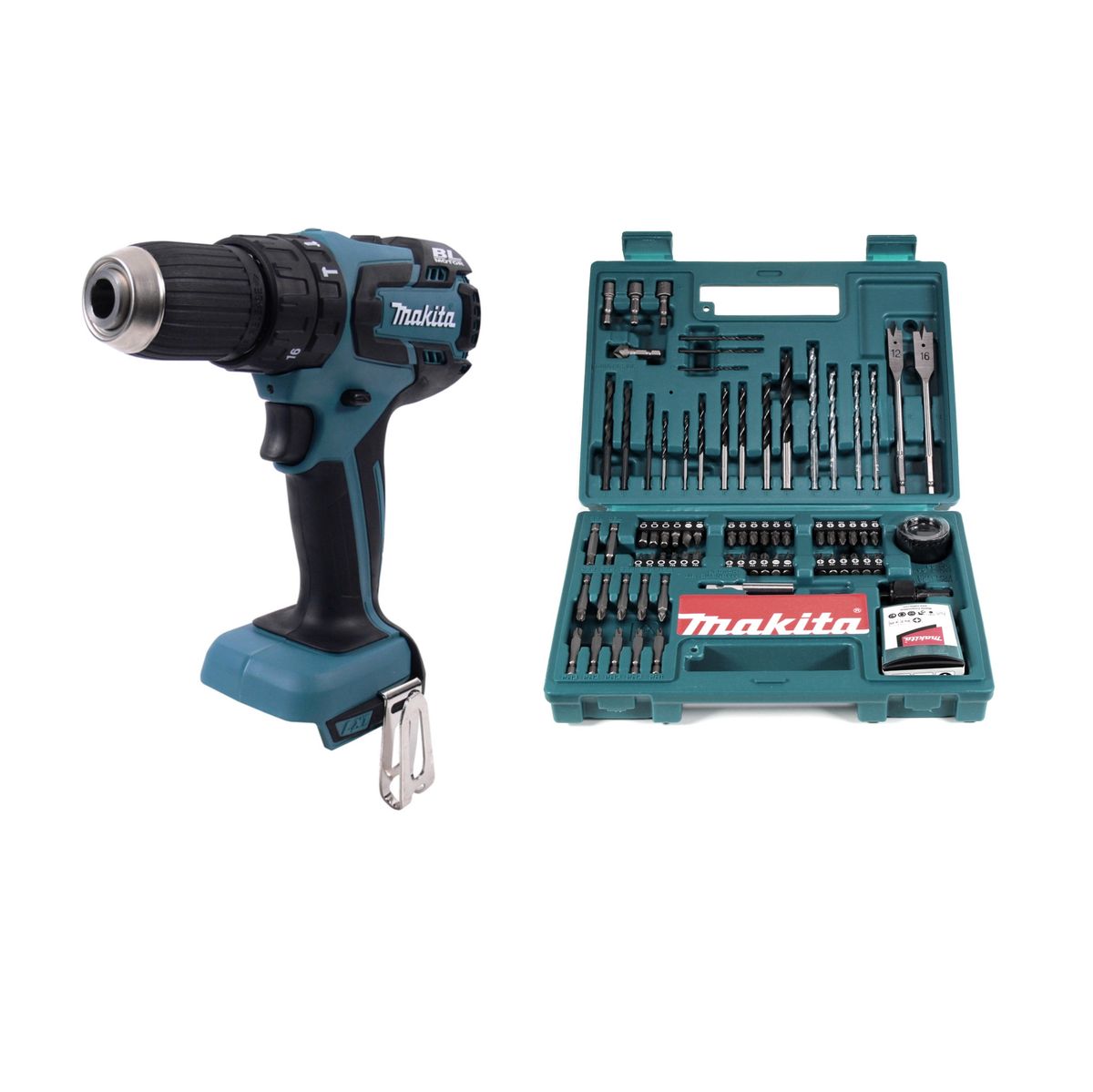 Makita DHP 459 Z Perceuse visseuse à percussion sans fil 45 Nm, sans balai solo 18V + Set d'embouts et de forets Makita B-53811, 100 pcs.