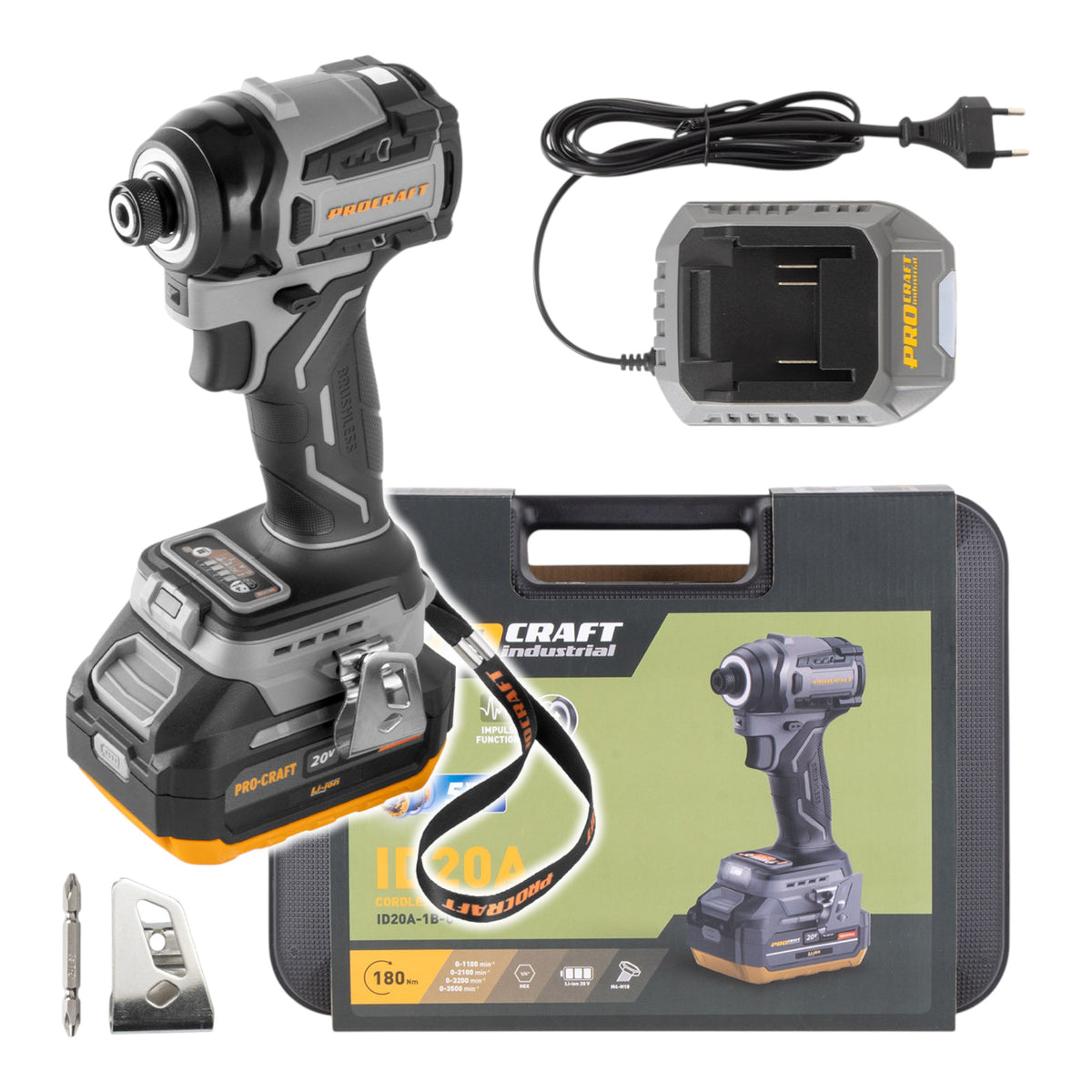 Procraft ID20A-1b Clé à choc sans fil 20 V 180 Nm 1/4" + 1x batterie 4,0 Ah + chargeur + coffret
