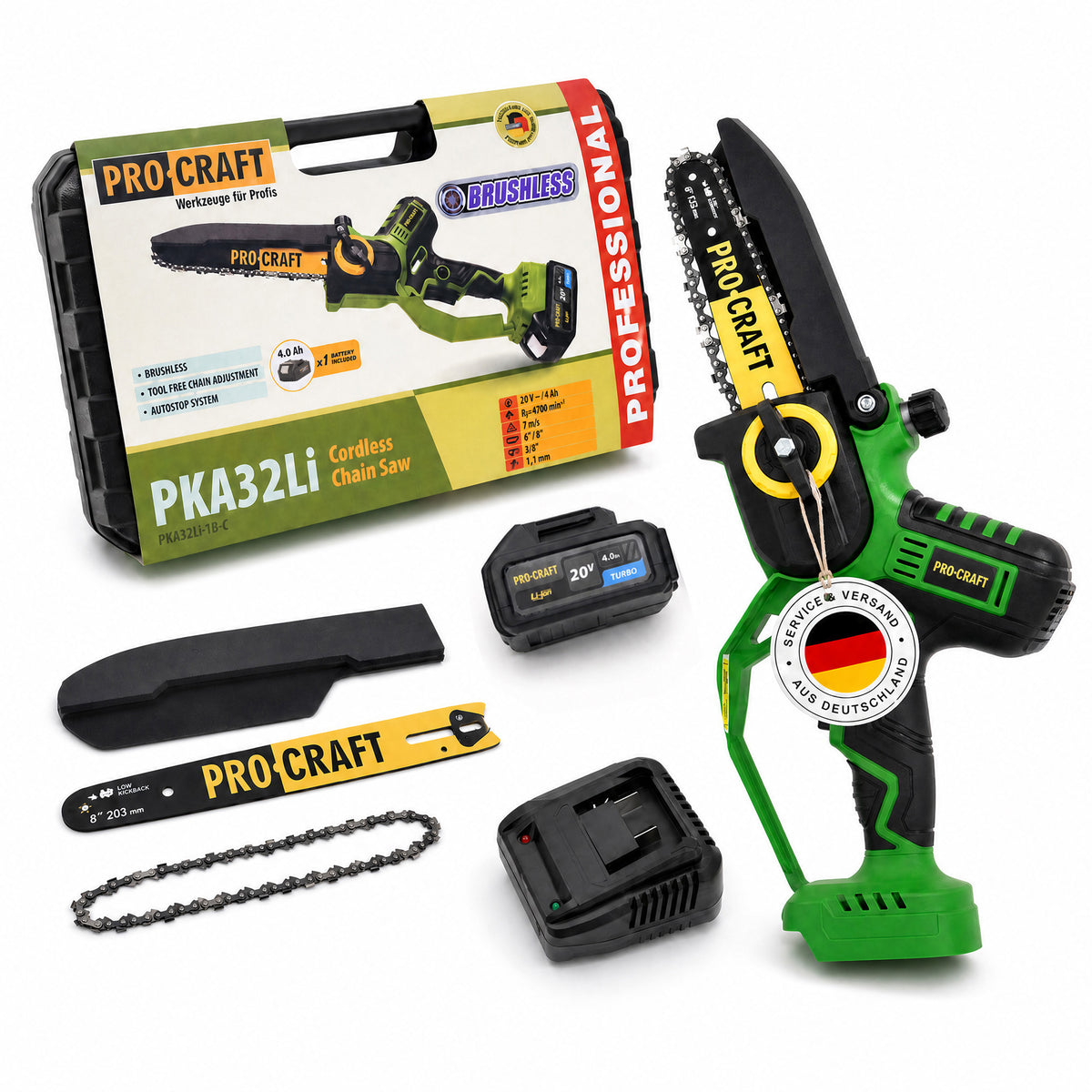 Procraft PKA32Li tronçonneuse à chaîne sans fil 20 V 203 mm Brushless + 1x batterie 4,0 Ah + chargeur + coffret
