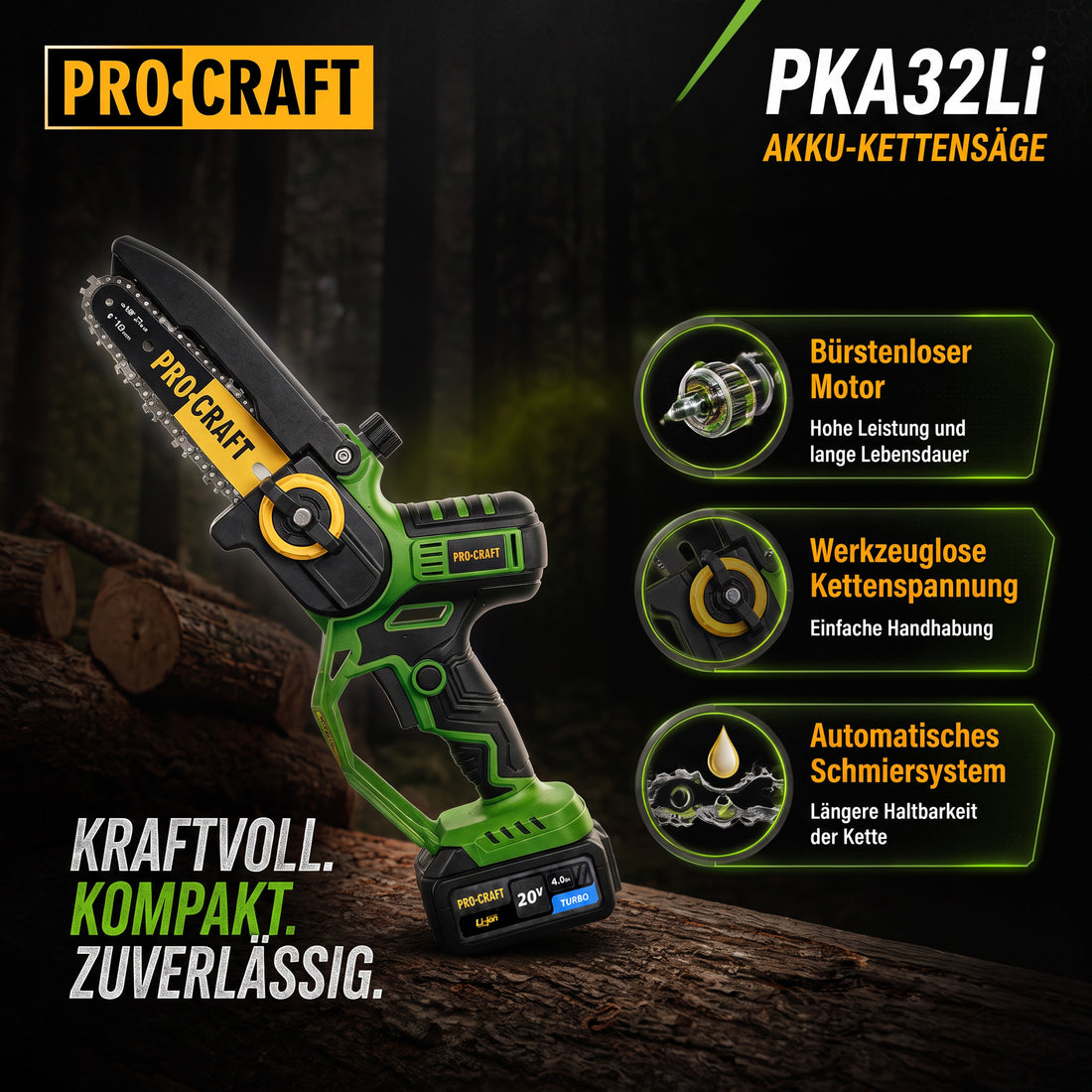 Procraft PKA32Li tronçonneuse à chaîne sans fil 20 V 203 mm Brushless + 1x batterie 4,0 Ah + chargeur + coffret