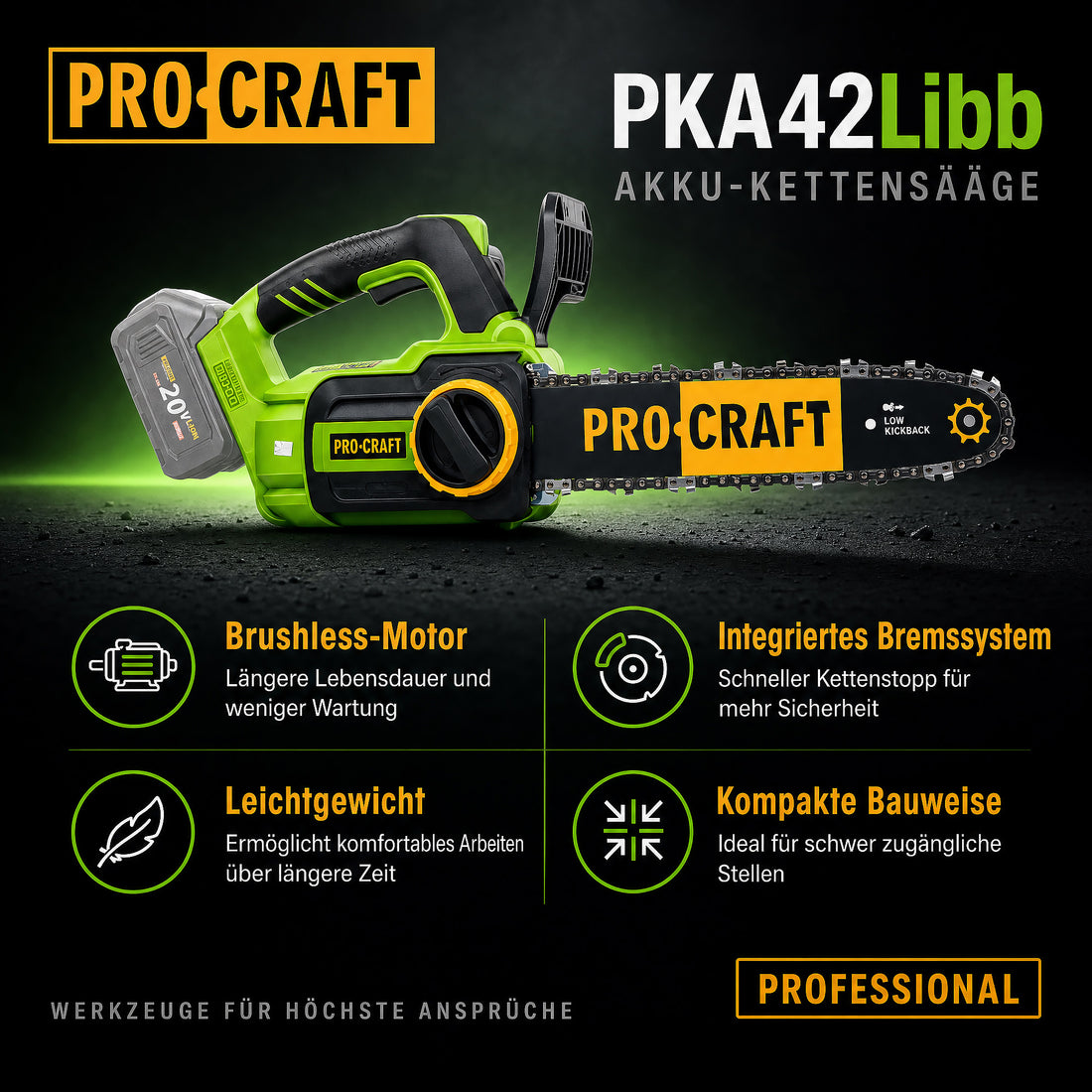 Procraft PKA42Libb Tronçonneuse à chaîne sans fil 20 V 304 mm Brushless Solo - sans batterie, sans chargeur