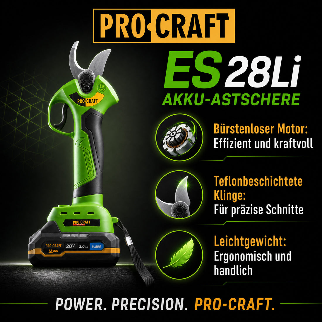 Procraft ES28Li élagueur sans fil 20 V Brushless + 1x batterie 2,0 Ah + chargeur + coffret