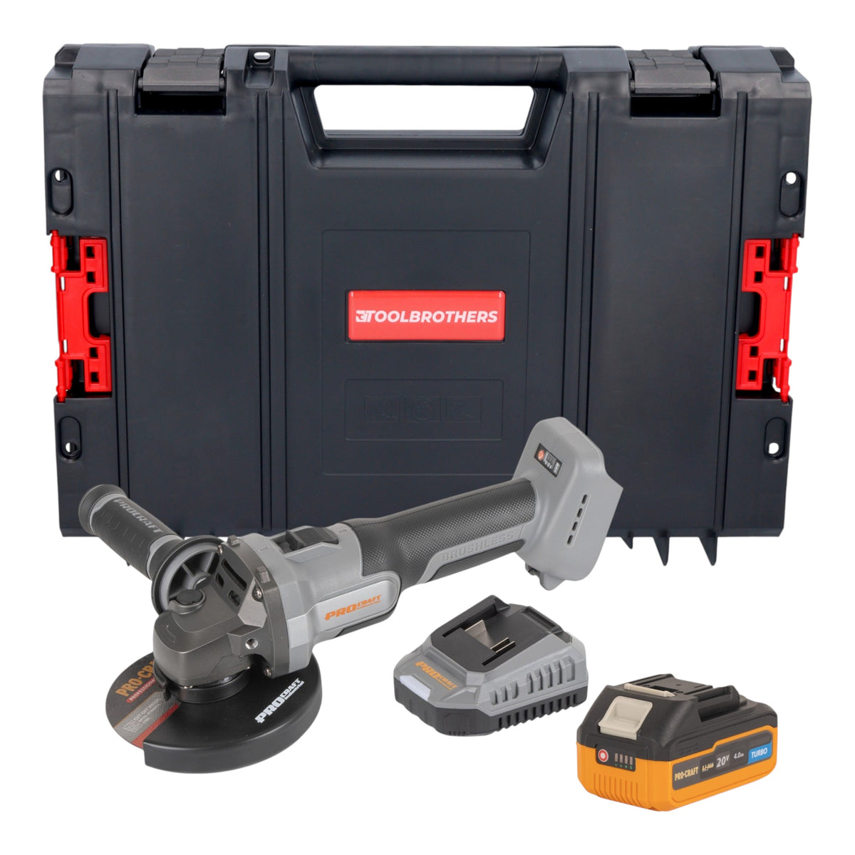 Procraft Industrial AG125Abb Meuleuse d'angle sans fil 20 V 125 mm Brushless + 1x batterie 4,0 Ah + chargeur + boîte à outils RHINO