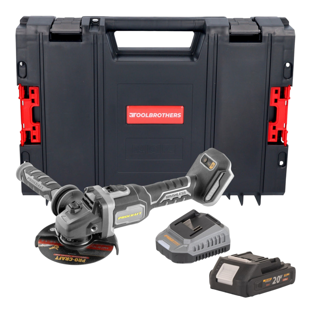 Procraft Industrial AG125Bbb Meuleuse d'angle sans fil 20 V 125 mm Brushless + 1x batterie 2,0 Ah + chargeur + boîte à outils RHINO