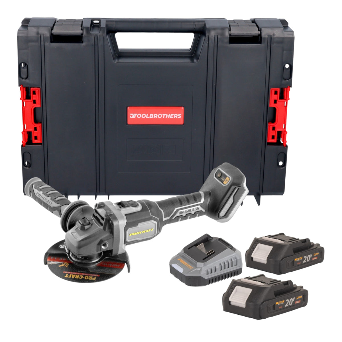 Procraft Industrial AG125Bbb Meuleuse d'angle sans fil 20 V 125 mm Brushless + 2x batterie 2,0 Ah + chargeur + boîte à outils RHINO