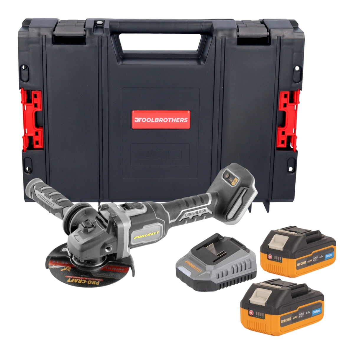 Procraft Industrial AG125Bbb Meuleuse d'angle sans fil 20 V 125 mm Brushless + 2x batterie 4,0 Ah + chargeur + boîte à outils RHINO