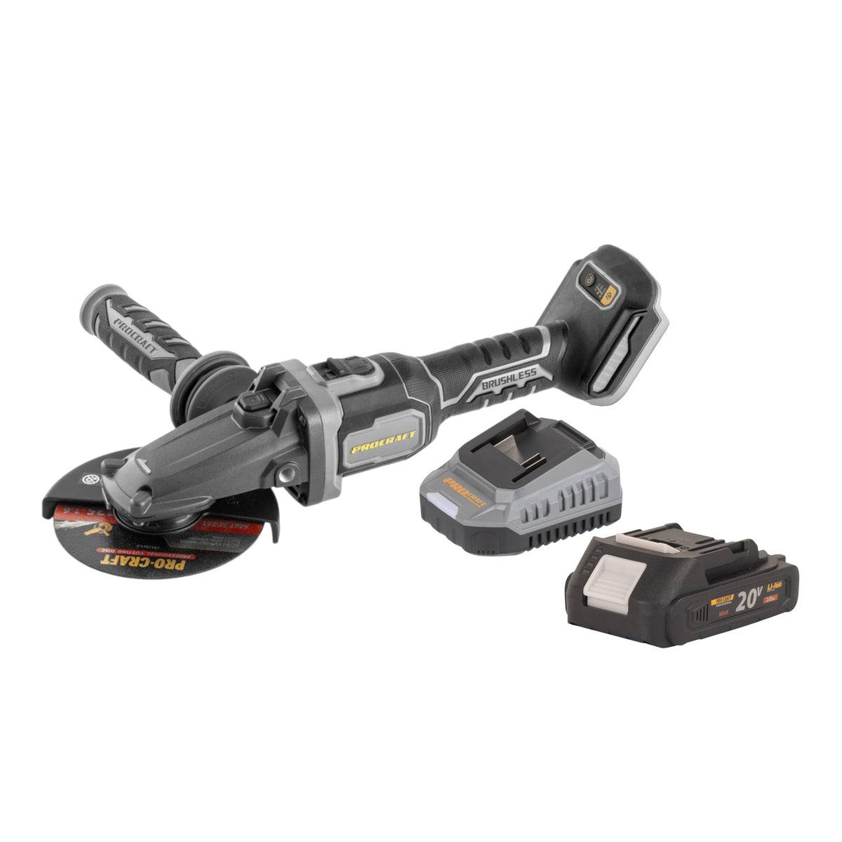 Procraft Industrial AG125Cbb Meuleuse d'angle sans fil à tête plate 20 V 125 mm Brushless + 1x batterie 2,0 Ah + chargeur