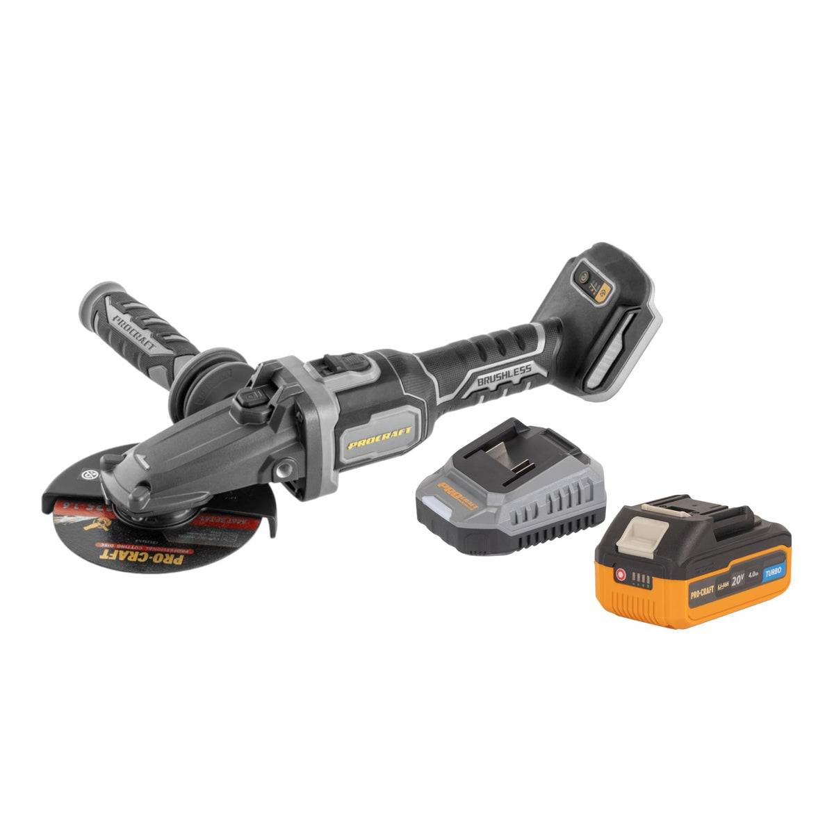 Procraft Industrial AG125Cbb Meuleuse d'angle sans fil à tête plate 20 V 125 mm Brushless + 1x batterie 4,0 Ah + chargeur