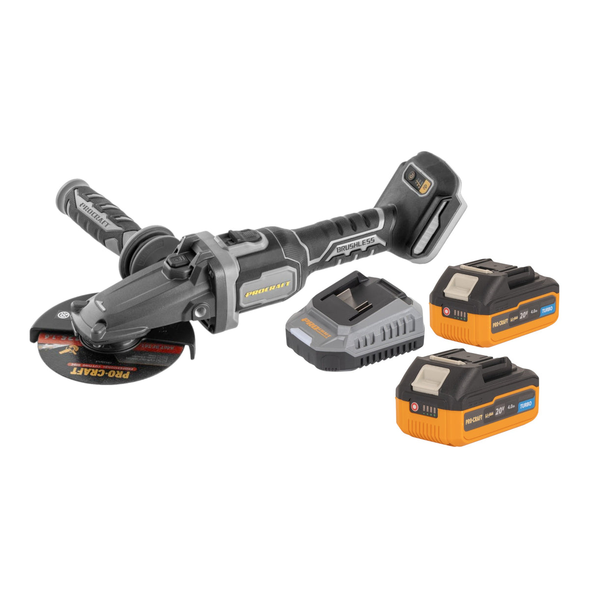 Procraft Industrial AG125Cbb Meuleuse d'angle sans fil à tête plate 20 V 125 mm Brushless + 2x batterie 4,0 Ah + chargeur