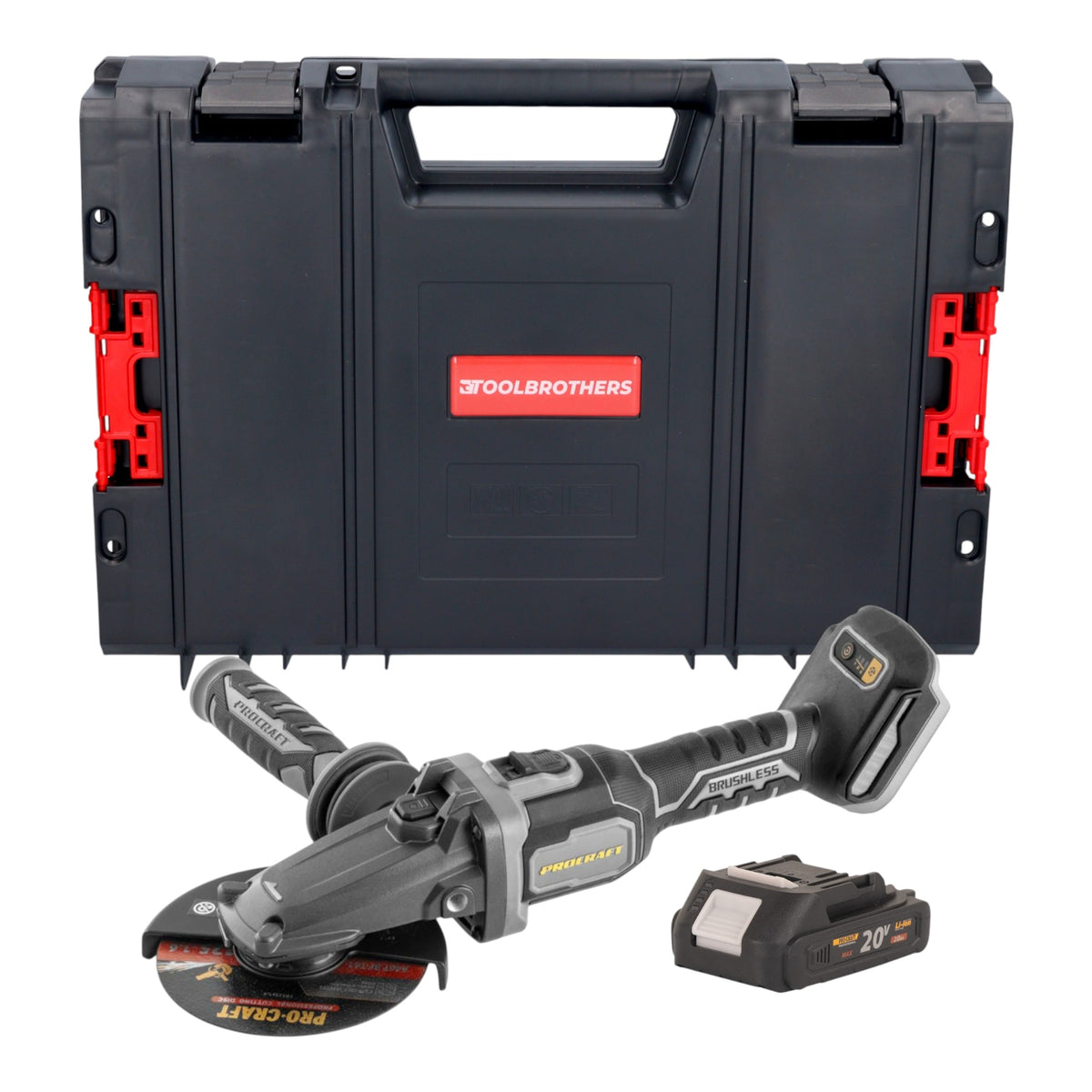 Procraft Industrial AG125Cbb Meuleuse d'angle sans fil à tête plate 20 V 125 mm Brushless + 1x batterie 2,0 Ah + RHINO Toolcase - sans chargeur