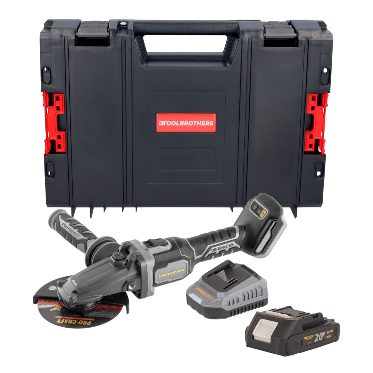 Procraft Industrial AG125Cbb Meuleuse d'angle sans fil à tête plate 20 V 125 mm Brushless + 1x batterie 2,0 Ah + chargeur + boîte à outils RHINO