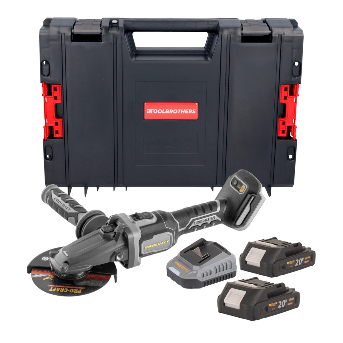 Procraft Industrial AG125Cbb Meuleuse d'angle sans fil à tête plate 20 V 125 mm Brushless + 2x batterie 2,0 Ah + chargeur + boîte à outils RHINO