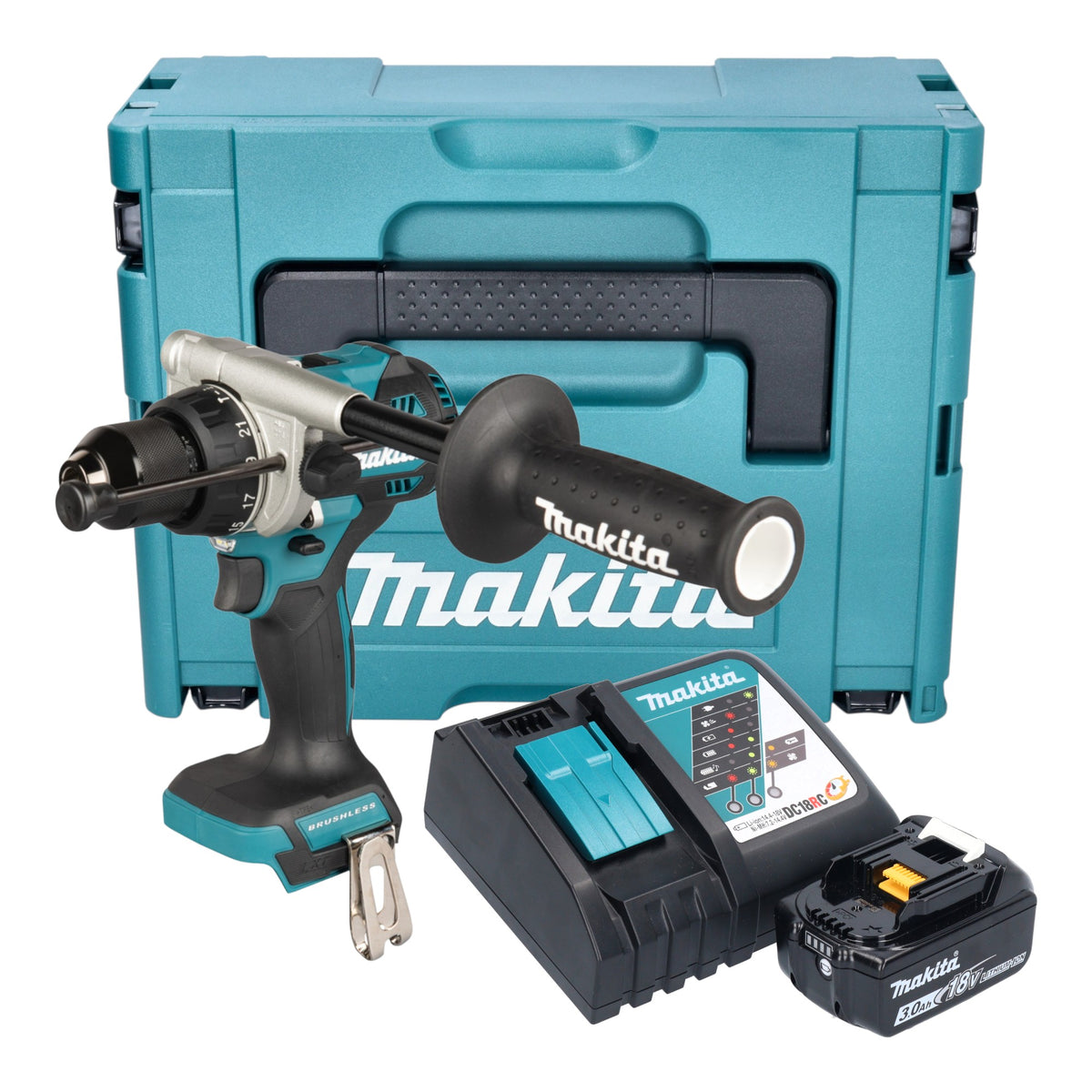 Makita DHP 492 RF1J Perceuse-visseuse à percussion sans fil 18 V 141 Nm Brushless + 1x batterie 3,0 Ah + chargeur + Makpac