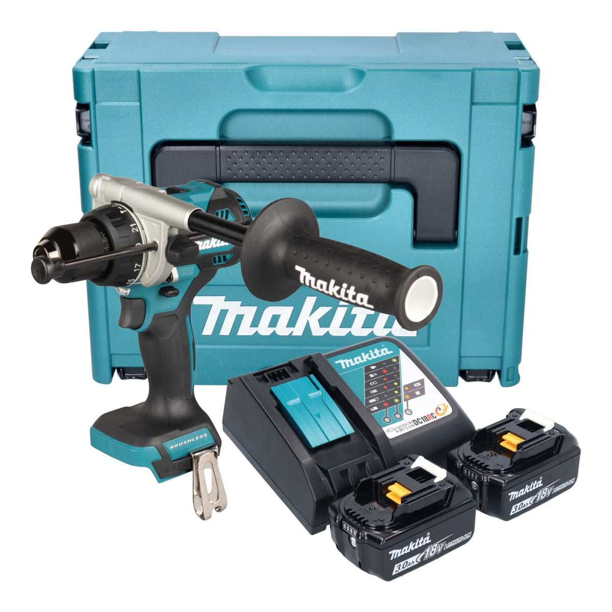 Makita DHP 492 RFJ Perceuse-visseuse à percussion sans fil 18 V 141 Nm Brushless + 2x batterie 3,0 Ah + chargeur + Makpac