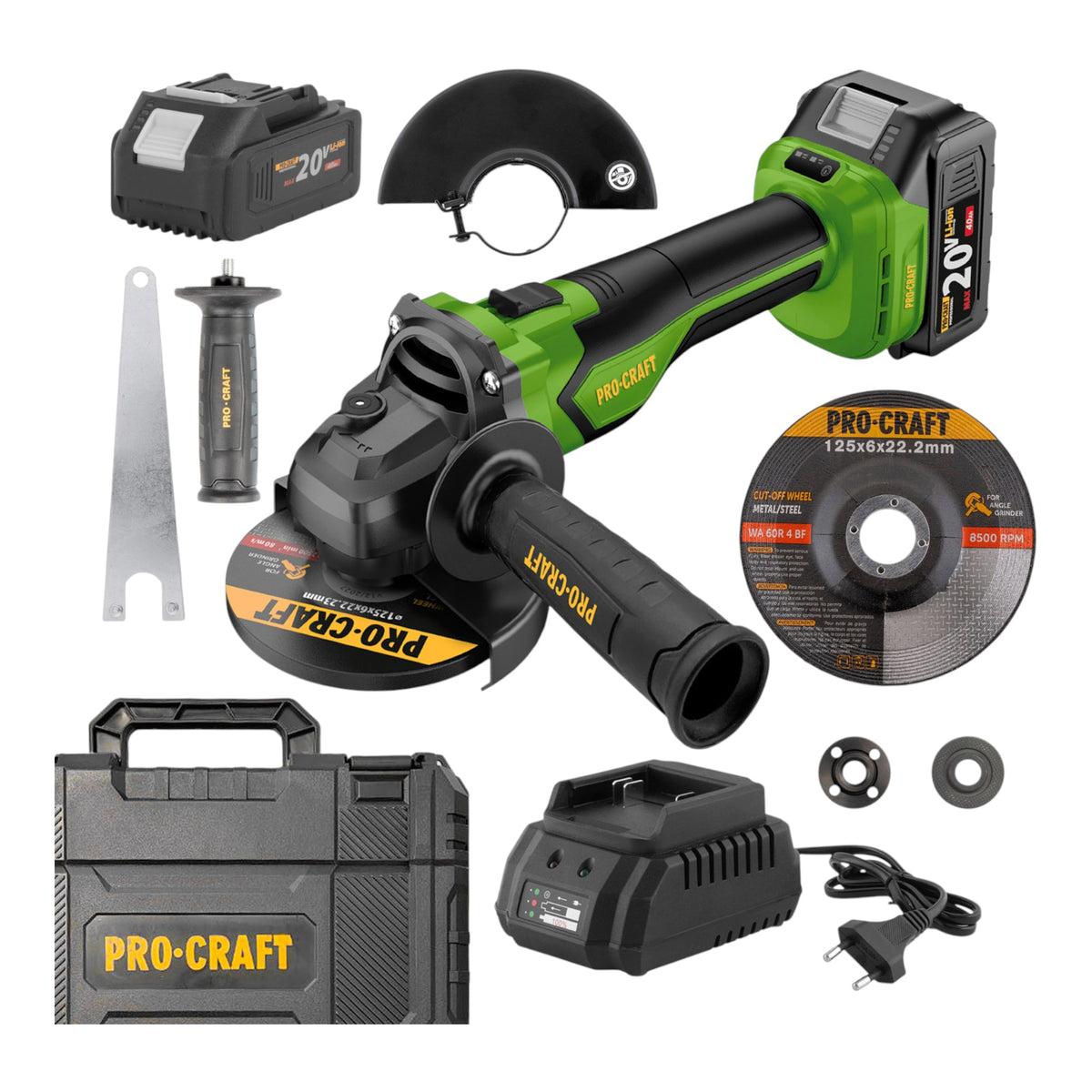 Procraft PGA22-1B-C Meuleuse d'angle sans fil 20 V 125 mm Brushless + 1x batterie 4,0 Ah + chargeur + coffret