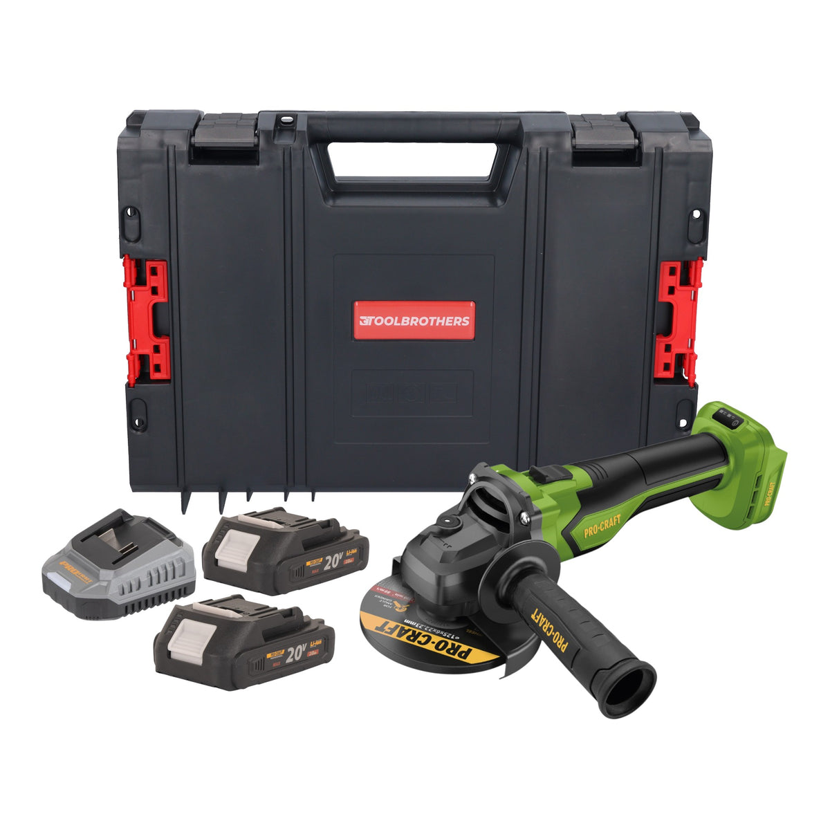 Procraft PGA22-BB Meuleuse d'angle sans fil 20 V 125 mm Brushless + 2x batterie 2,0 Ah + chargeur + RHINO Toolcase