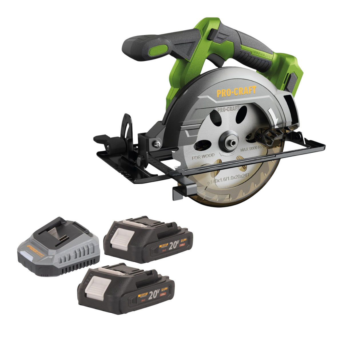 Procraft PCA32-BB Scie circulaire portative sans fil 20 V 165 mm Brushless + 2x batterie 2,0 Ah + chargeur