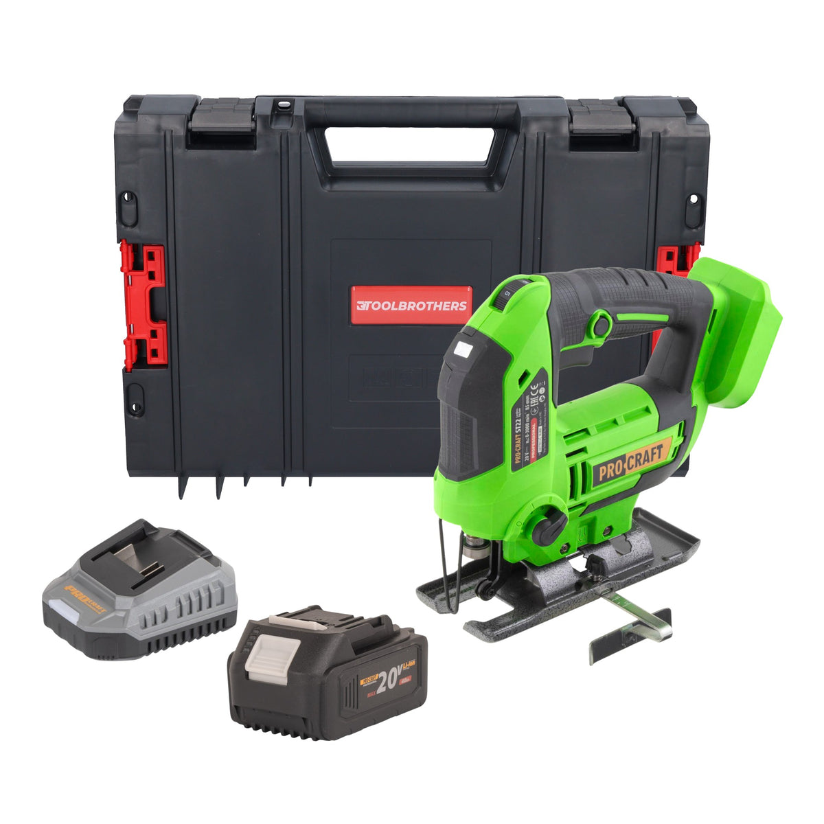 Procraft ST22 Scie sauteuse sans fil 20 V 80 mm Brushless + 1x batterie 4,0 Ah + chargeur + boîte à outils RHINO