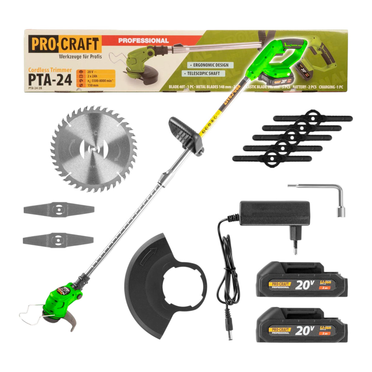 Procraft PTA24 Coupe-bordures sans fil 20 V 150 mm + 2x batterie 2,0 Ah + chargeur