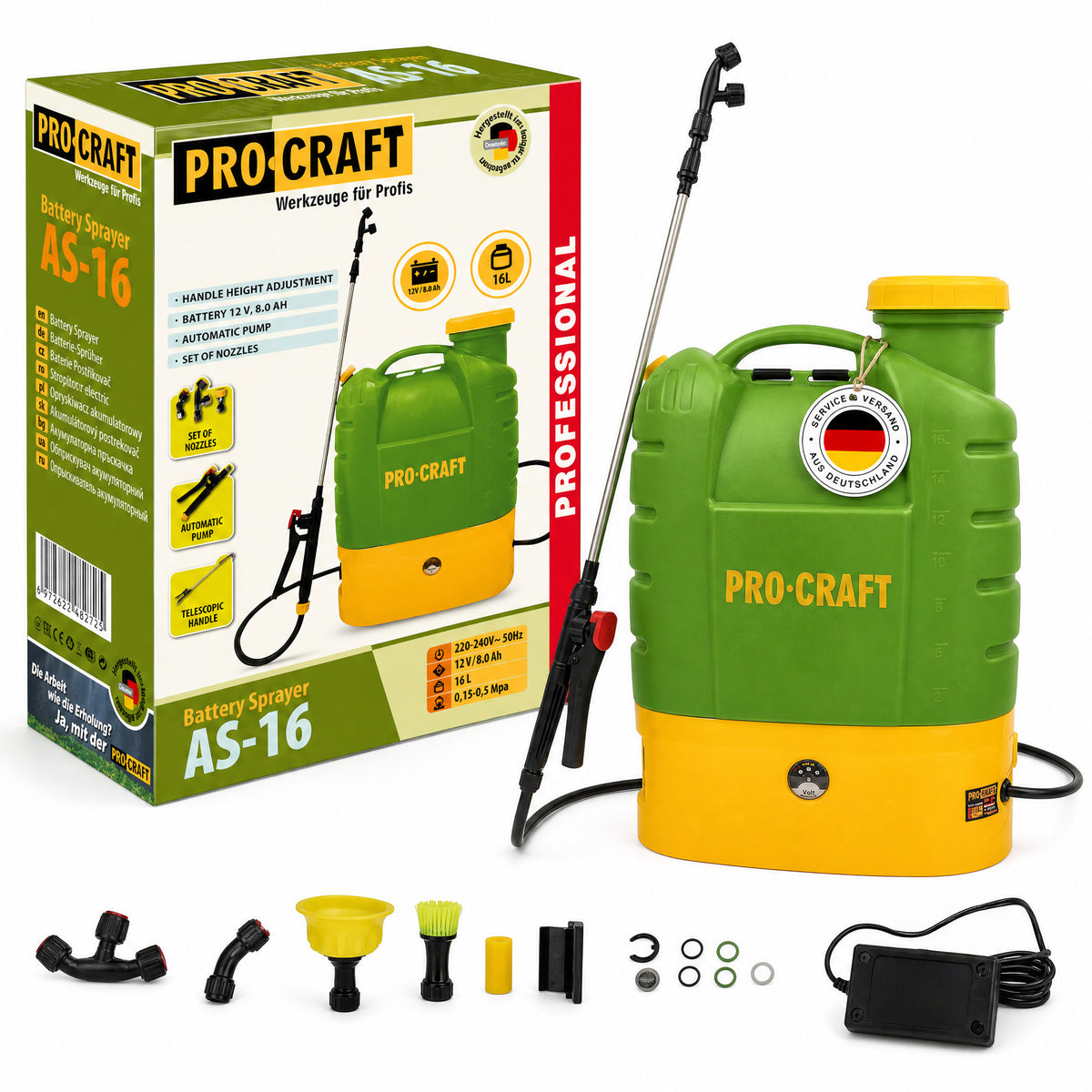 Procraft AS-16 Pulvérisateur à batterie 12 V 16 l 5,5 bar + batterie intégrée 8,0 Ah + chargeur