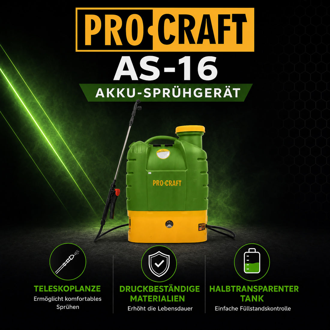 Procraft AS-16 Pulvérisateur à batterie 12 V 16 l 5,5 bar + batterie intégrée 8,0 Ah + chargeur