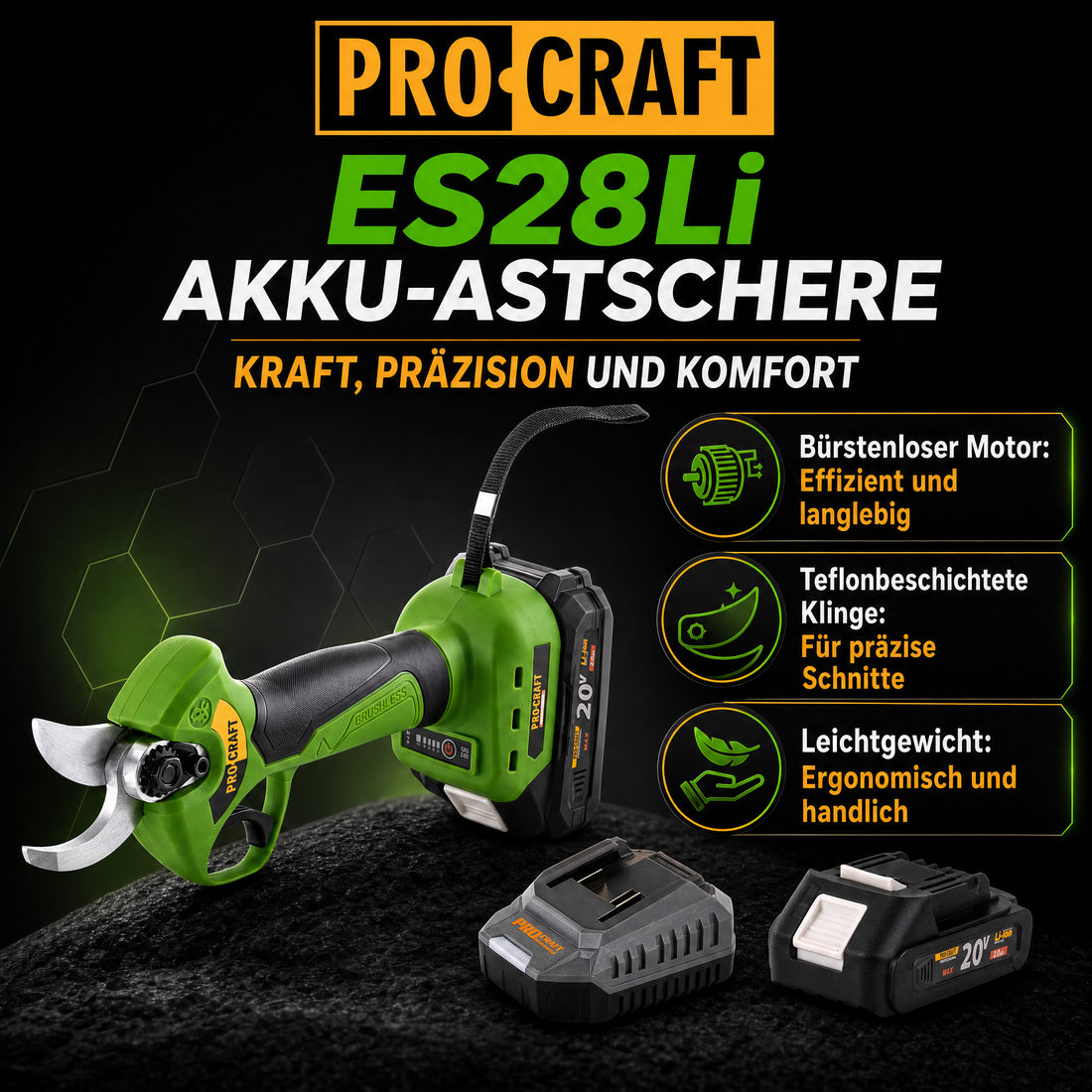 Procraft ES28Li bb Batterie sécateur 20 V 25 mm + 2x batterie 2,0 Ah + chargeur