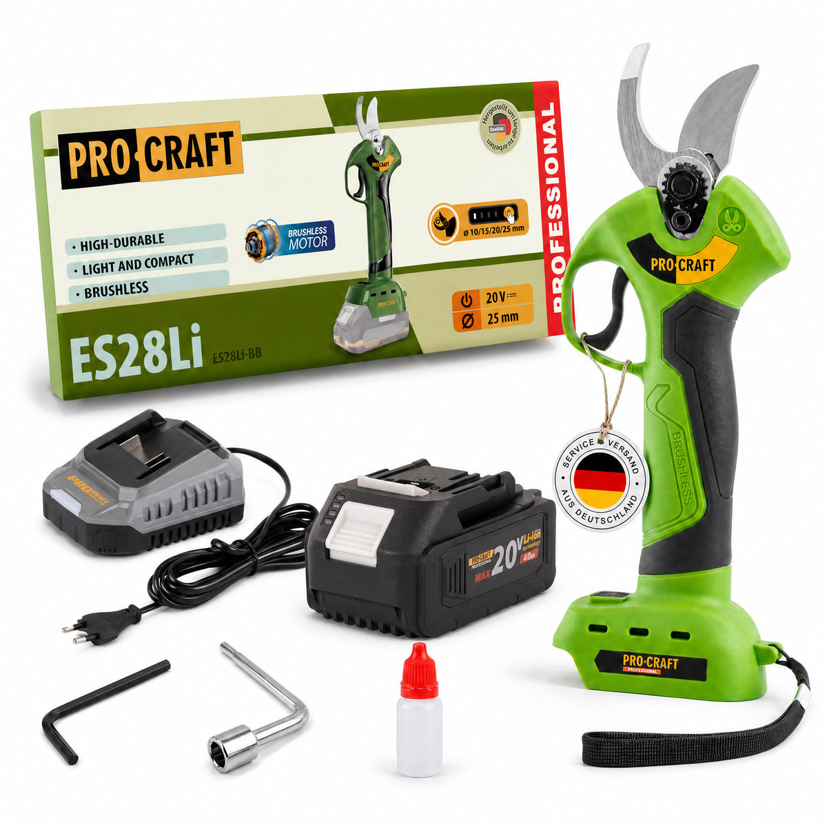 Procraft ES28Li bb Batterie sécateur 20 V 25 mm + 1x batterie 4,0 Ah + chargeur