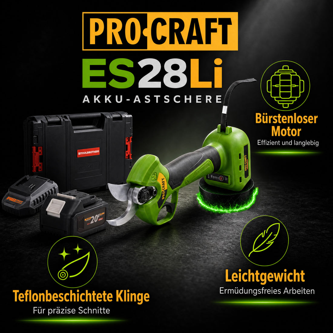 Procraft ES28Li bb sécateur sur batterie 20 V 25 mm + 1x batterie 4,0 Ah + chargeur + RHINO Toolcase