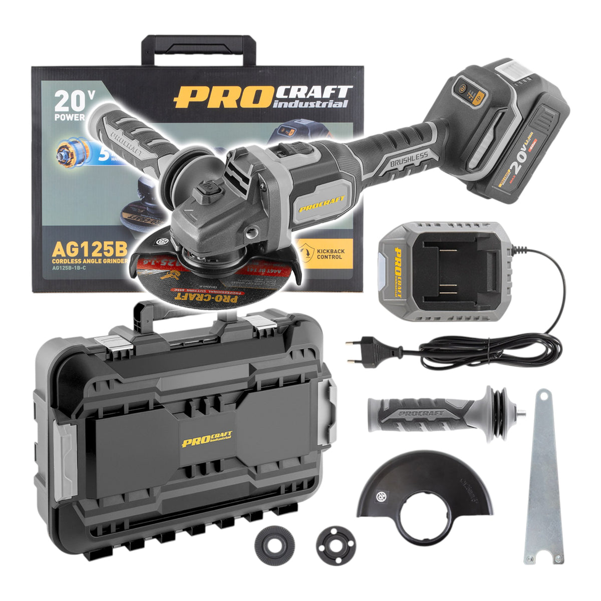 Procraft Industrial AG125B-CD Meuleuse d'angle sans fil 20 V 125 mm Brushless + 1x batterie 4,0 Ah + chargeur + coffret