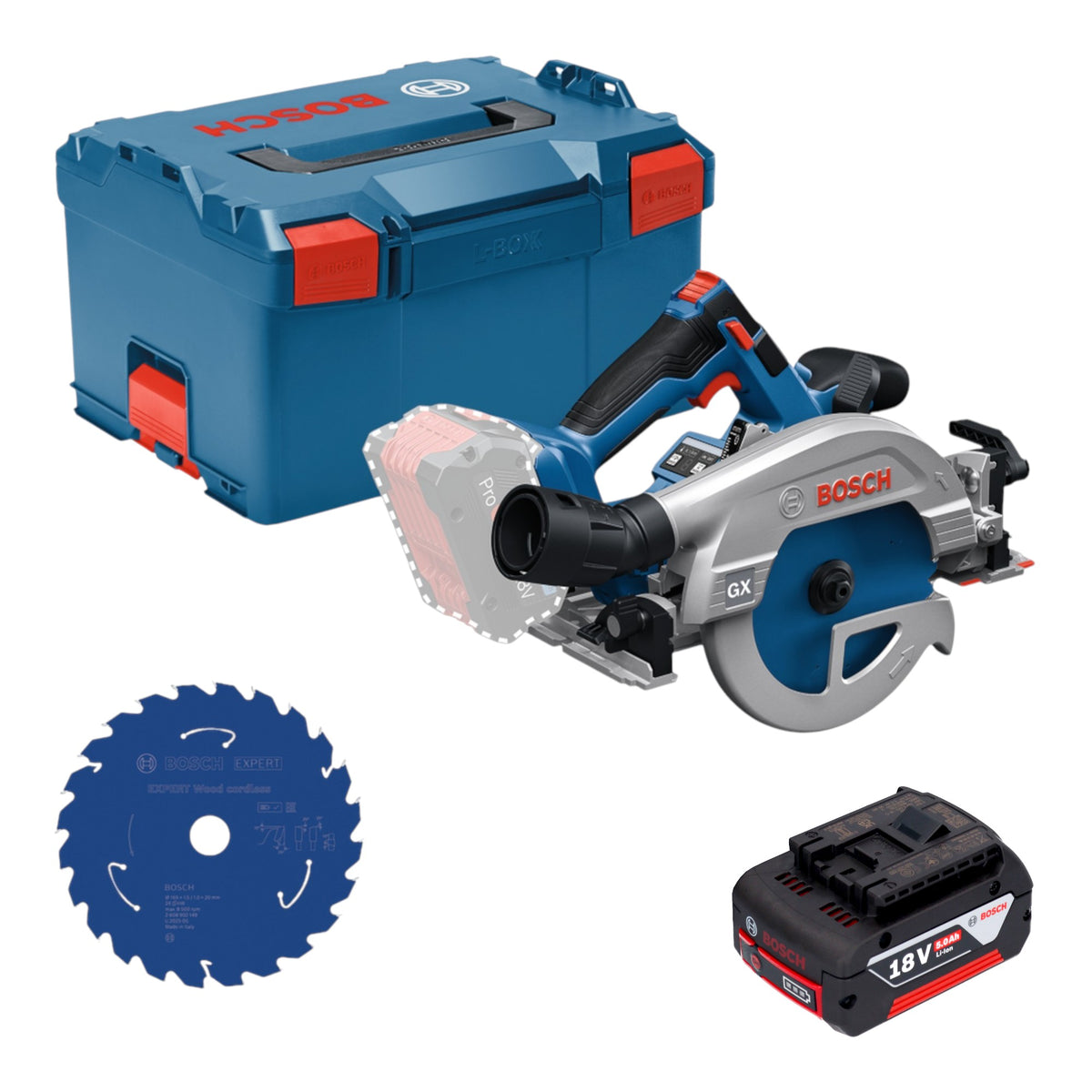 Scie circulaire sans fil Bosch GKS 18V-57-2 GX Professional 18 V 165 mm sans balais + 1 batterie 5,0 Ah + L-Boxx - sans chargeur