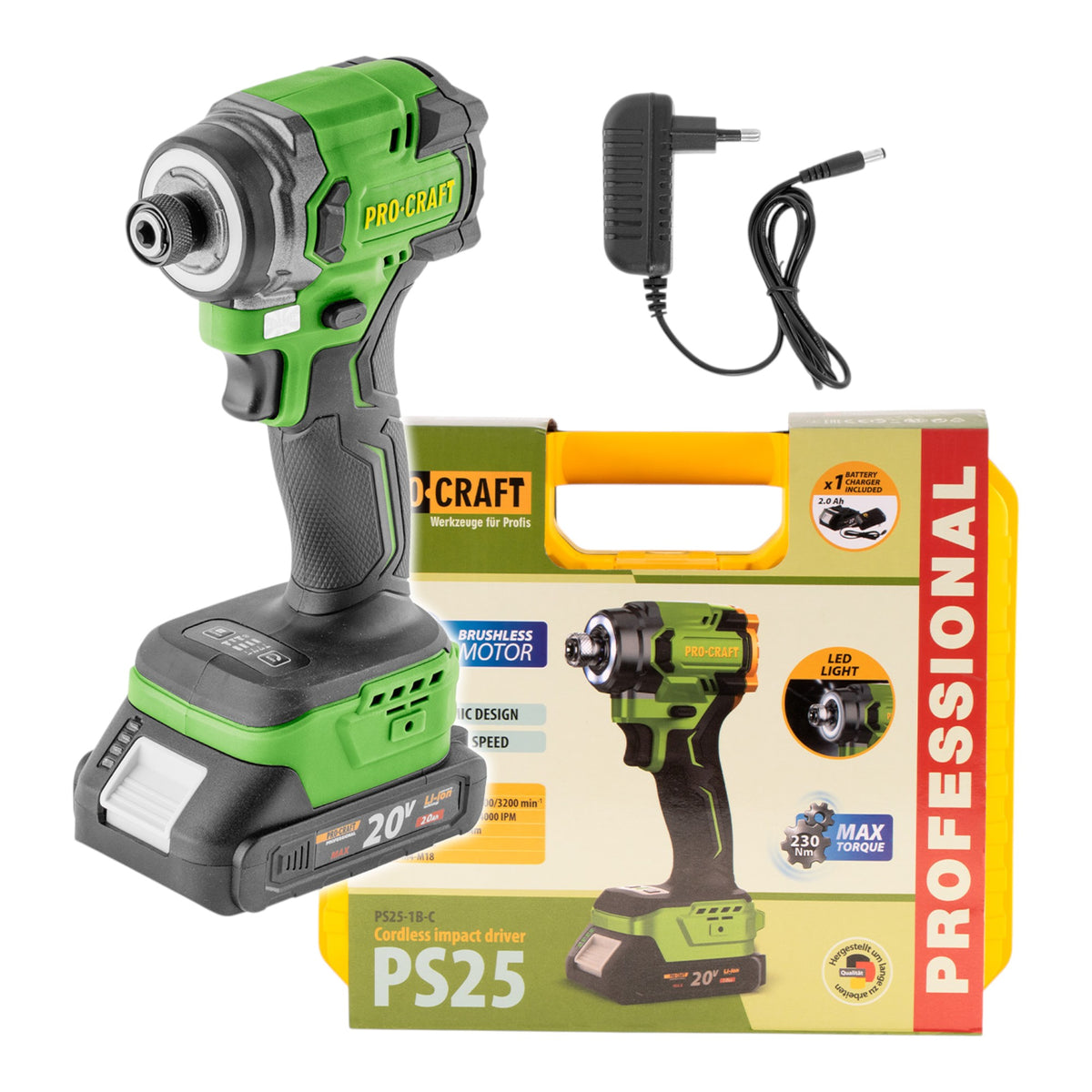 Visseuse à chocs sans fil Procraft PS25-1B-C 20 V 230 Nm 1/4" sans balais + 1 batterie 2,0 Ah + chargeur + mallette