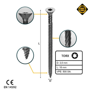 FORTE Tools Vis à bois universelle 3,0 x 16 mm T10, Argent galvanisé, Tête fraisée Torx, Filetage total, 500 pcs. (000040113856)