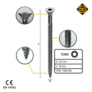 FORTE Tools Vis à bois universelle, 3,5 x 16 mm, T15, Argent galvanisé, Tête fraisée Torx, Filetage total, 1000 pcs. (2x 000040113860)