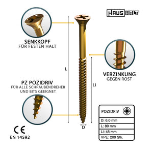 HausHalt Vis à bois universelle 6,0 x 80 mm PZ3 - 200 pièces (000051371233) zingué jaune Phillips Pozidriv filetage partiel à tête fraisée