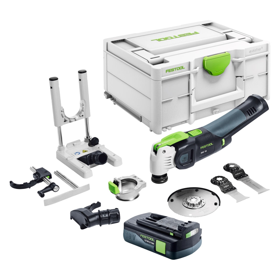 Festool VECTURO OSC 18 E-Basic Set Oscillateur sans fil 18 V Starlock Max Brushless + 1x batterie 3,0 Ah + 7 pcs. kit d'accessoires + Systainer - sans chargeur