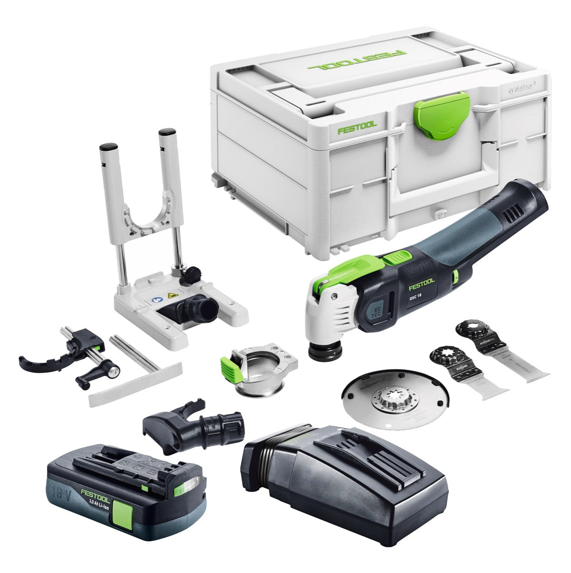 Festool VECTURO OSC 18 E-Basic Set Oscillateur sans fil 18 V Starlock Max Brushless + 1x batterie 3,0 Ah + chargeur + 7 pcs. d'accessoires + Systainer