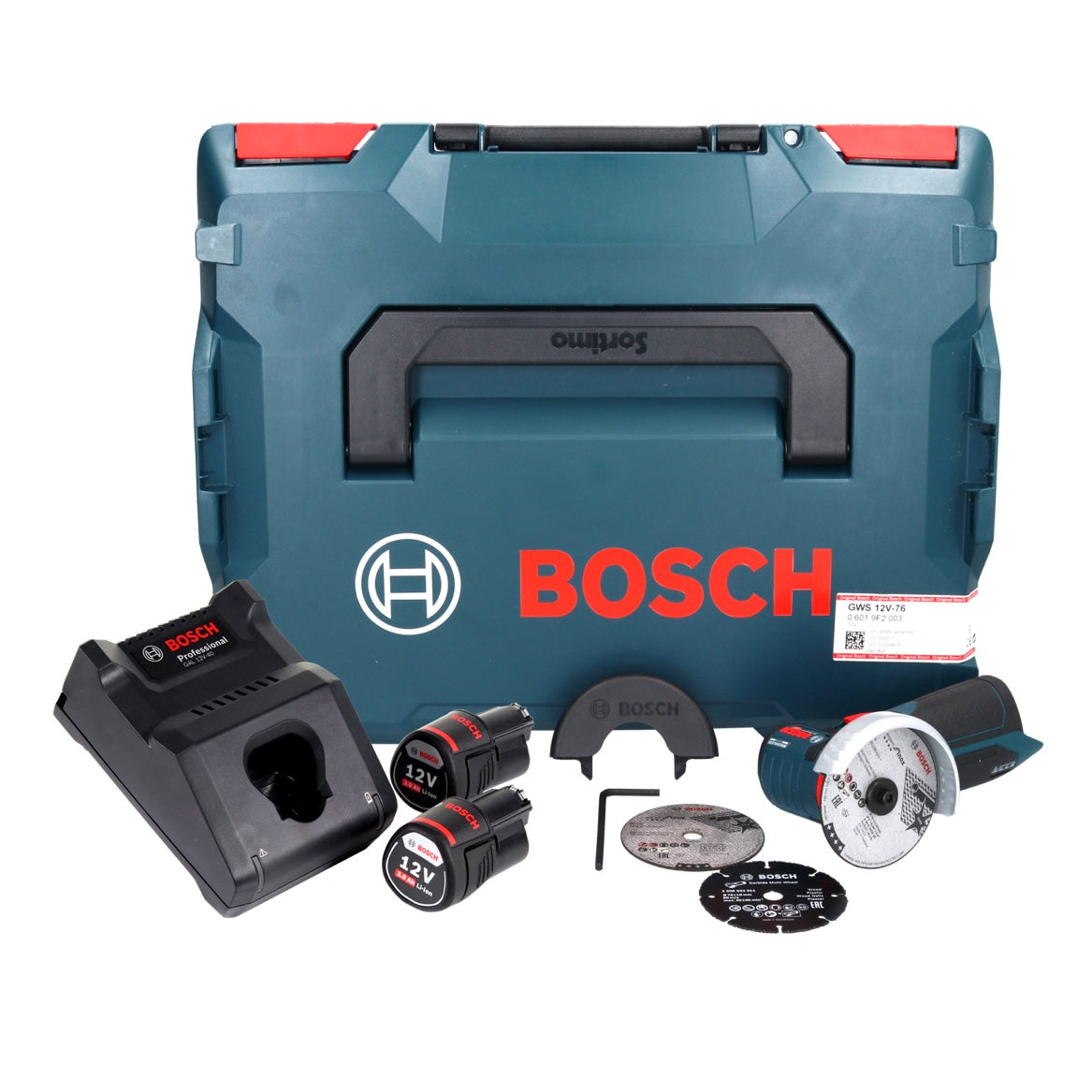 Bosch GWS 12V-76 Professional Meuleuse angulaire sans fil 12 V 76 mm Brushless + 2x batterie 3,0 Ah + chargeur + L-Boxx