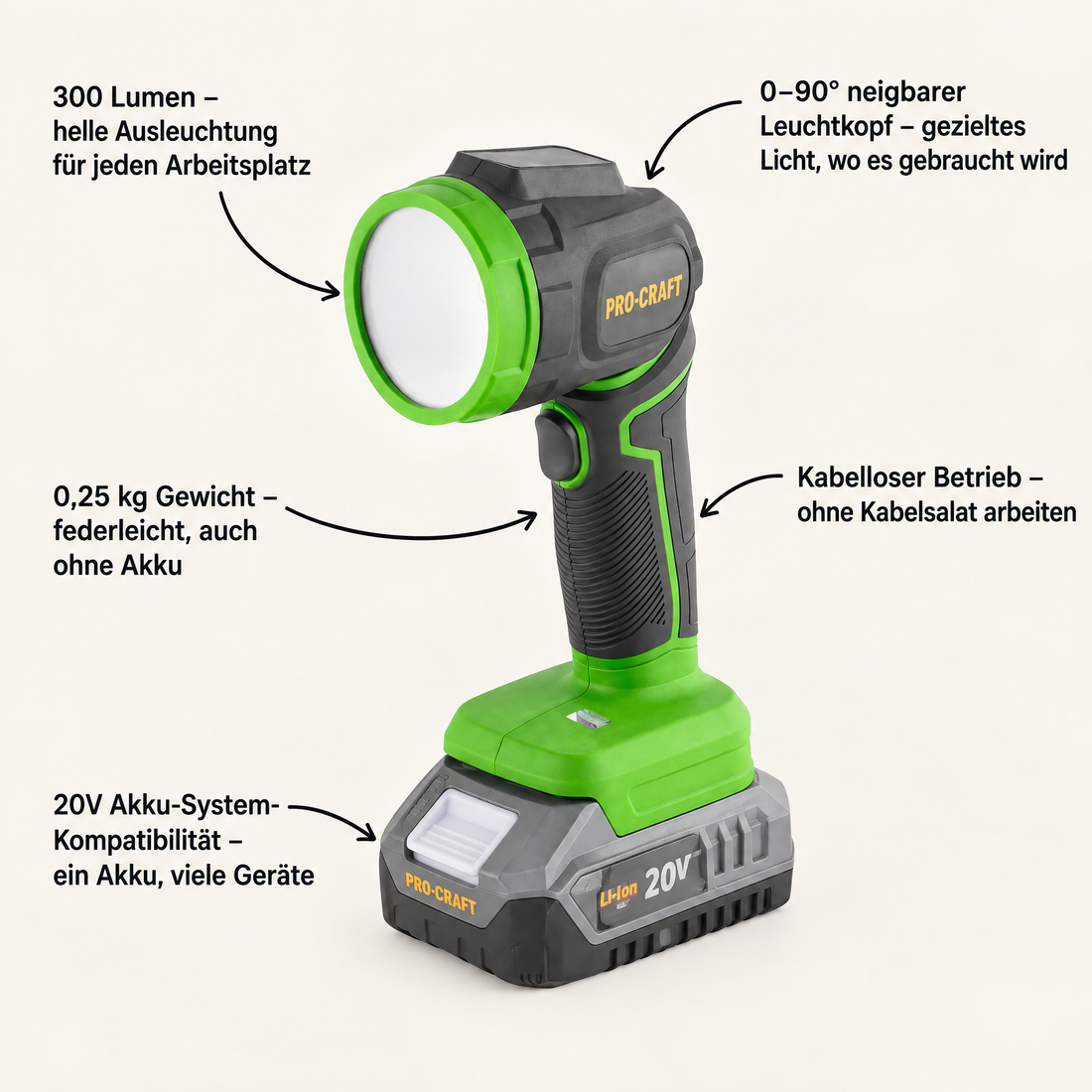 Procraft LL18bb Projecteur LED sans fil 20 V 300 lm Solo - sans batterie, sans chargeur