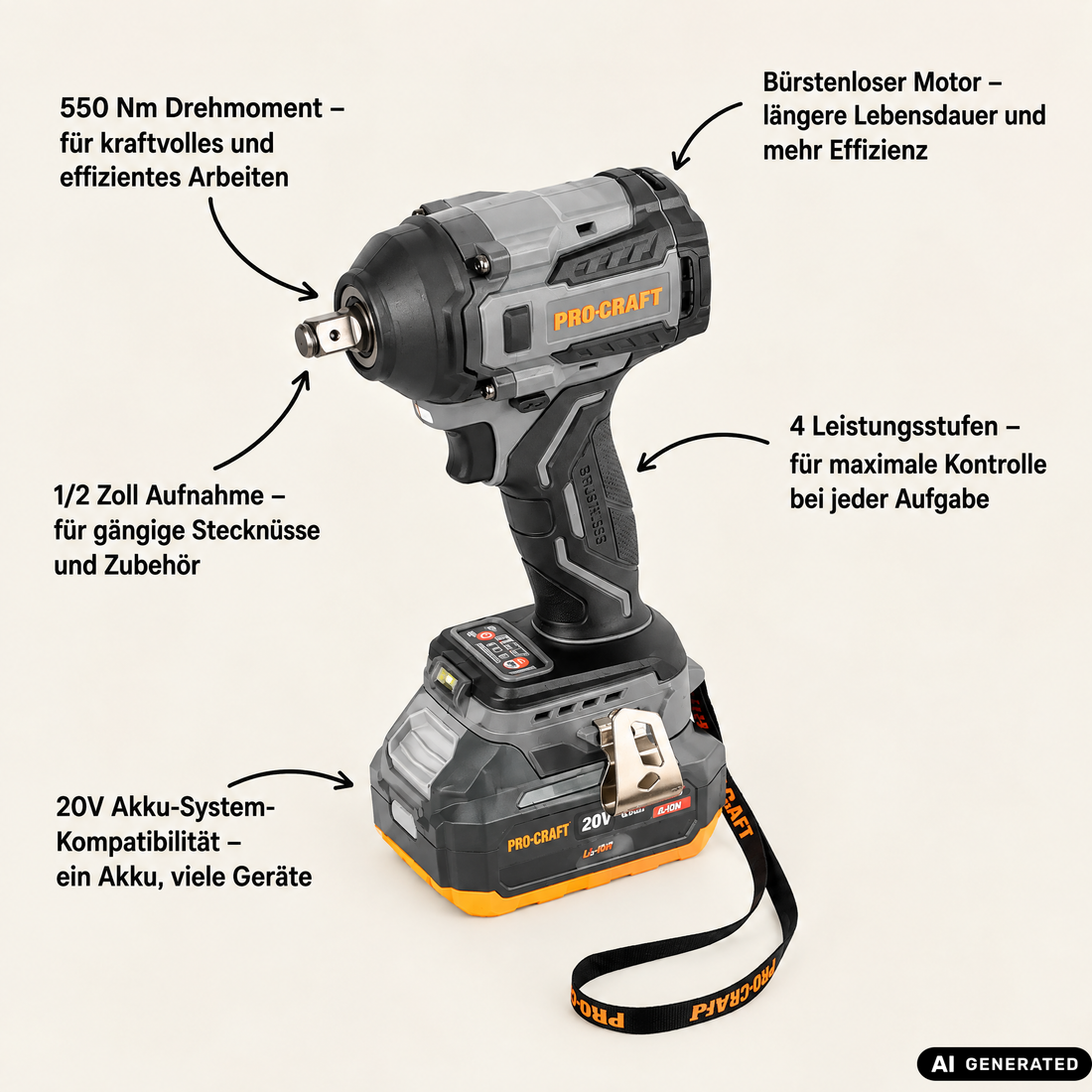 Procraft Industrial IW550Abb Clé à choc sans fil 20 V 550 Nm 1/2" + 1x batterie 2,0 Ah - sans chargeur
