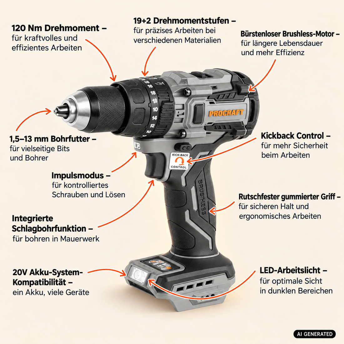Perceuse-visseuse à percussion sans fil ProCraft Industrial CD20C-BB 20 V 120 Nm Brushless Solo - sans batterie, sans chargeur
