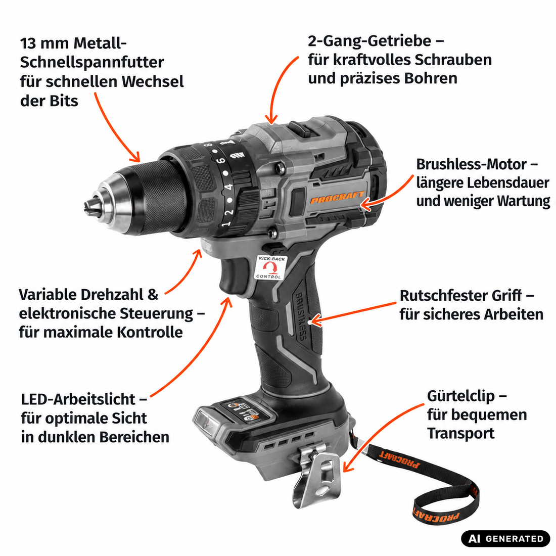 Perceuse-visseuse à percussion sans fil Procraft Industrial CD20B-BB 20 V 150 Nm Brushless Solo - sans batterie, sans chargeur
