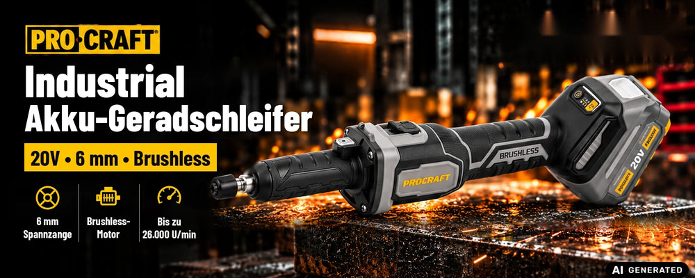 Procraft Industrial DG20A-BB Meuleuse droite à batterie 20 V 6 mm Brushless + 1x batterie 4,0 Ah - sans chargeur