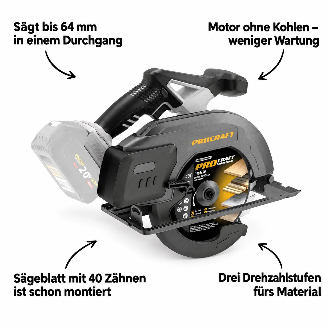 Scie circulaire sans fil Procraft Industrial CS185A-BB 20 V 185 mm Brushless Solo - sans batterie, sans chargeur