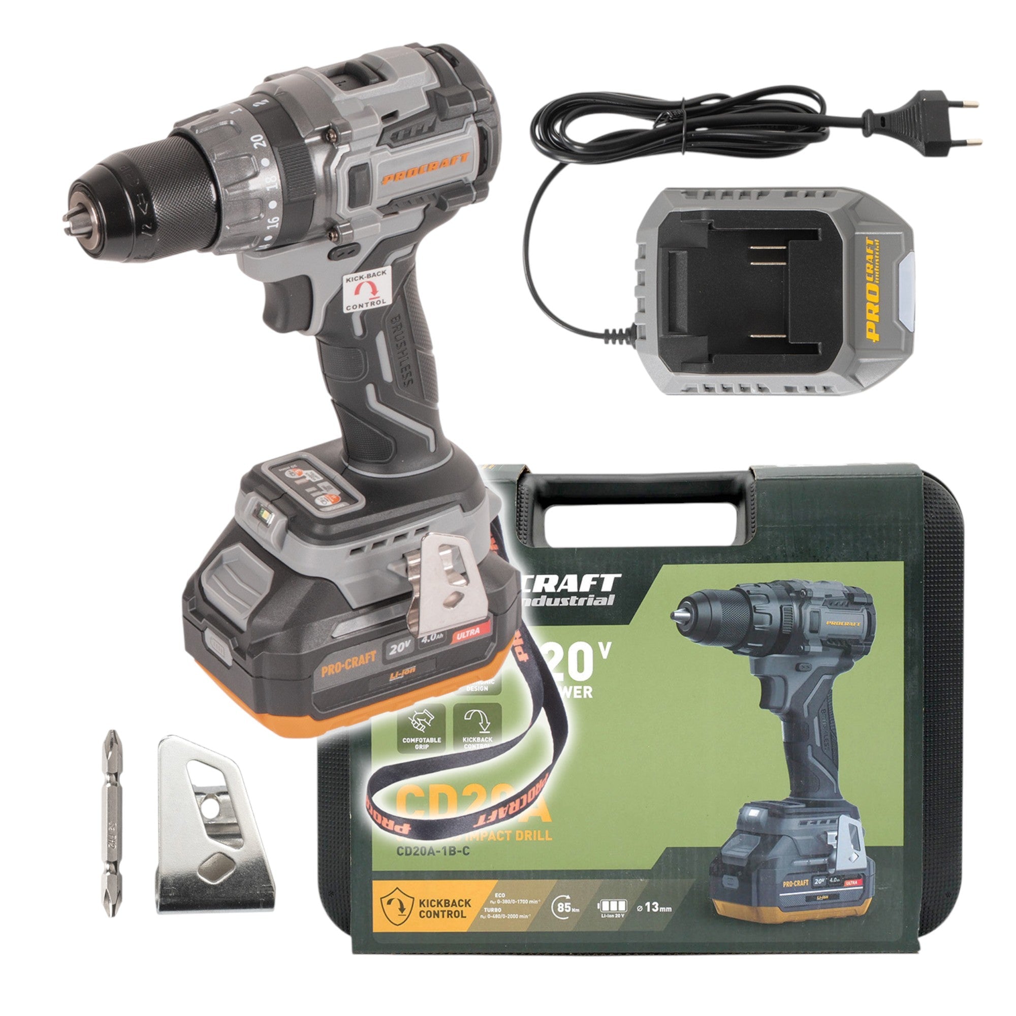 Procraft Industrial CD20A Akku Schlagbohrschrauber 20 V 85 Nm + 1x Akku 4,0 Ah + Ladegerät + Koffer