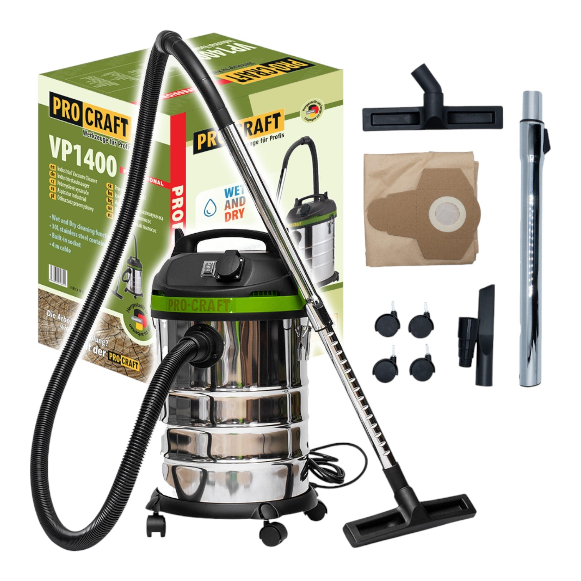 Procraft VP1400 Nass- und Trockensauger 1400 Watt 30 Liter Fassungsvermögen