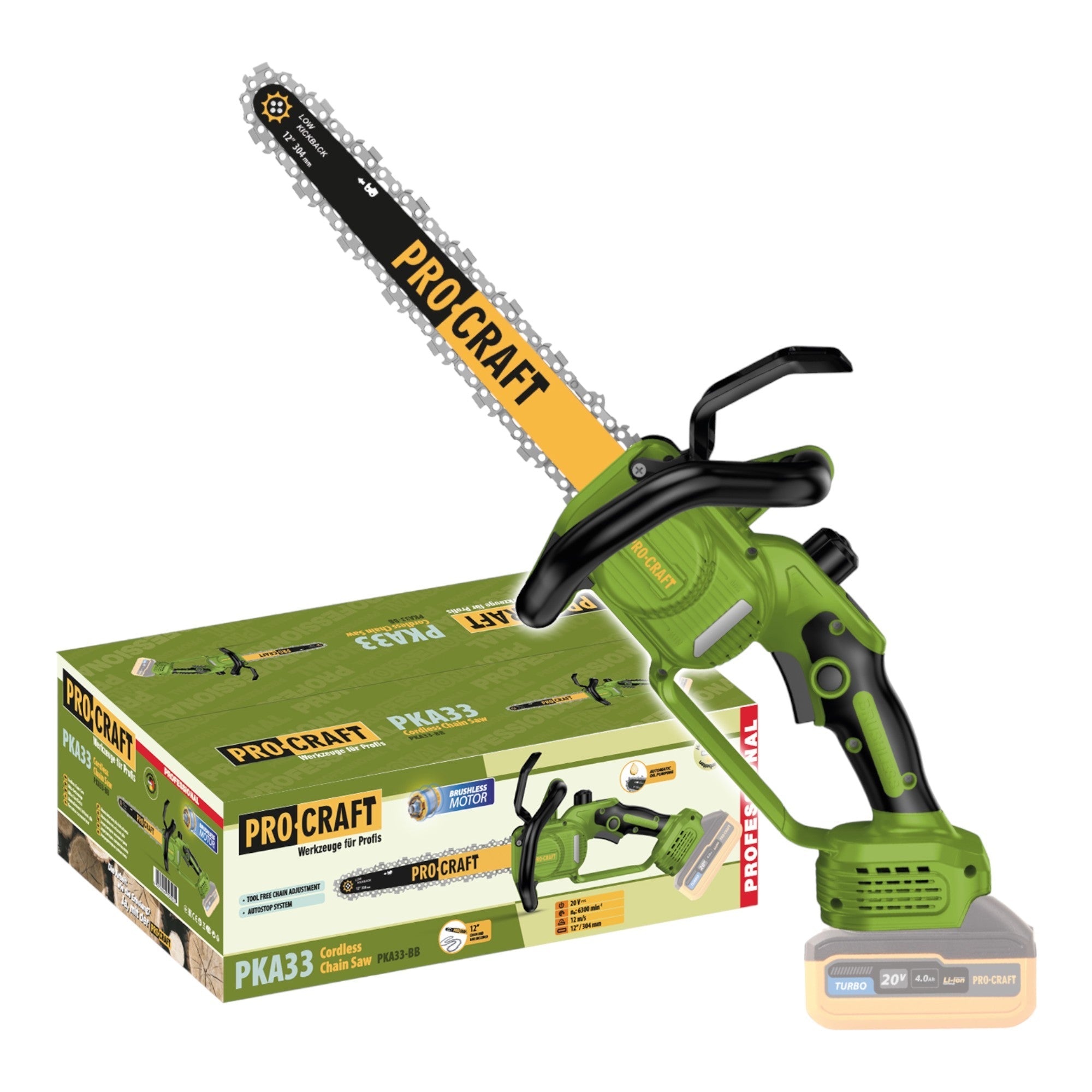 Procraft PKA33-BB Akku Kettensäge 20 V 304 mm Brushless Solo - ohne Akku, ohne Ladegerät