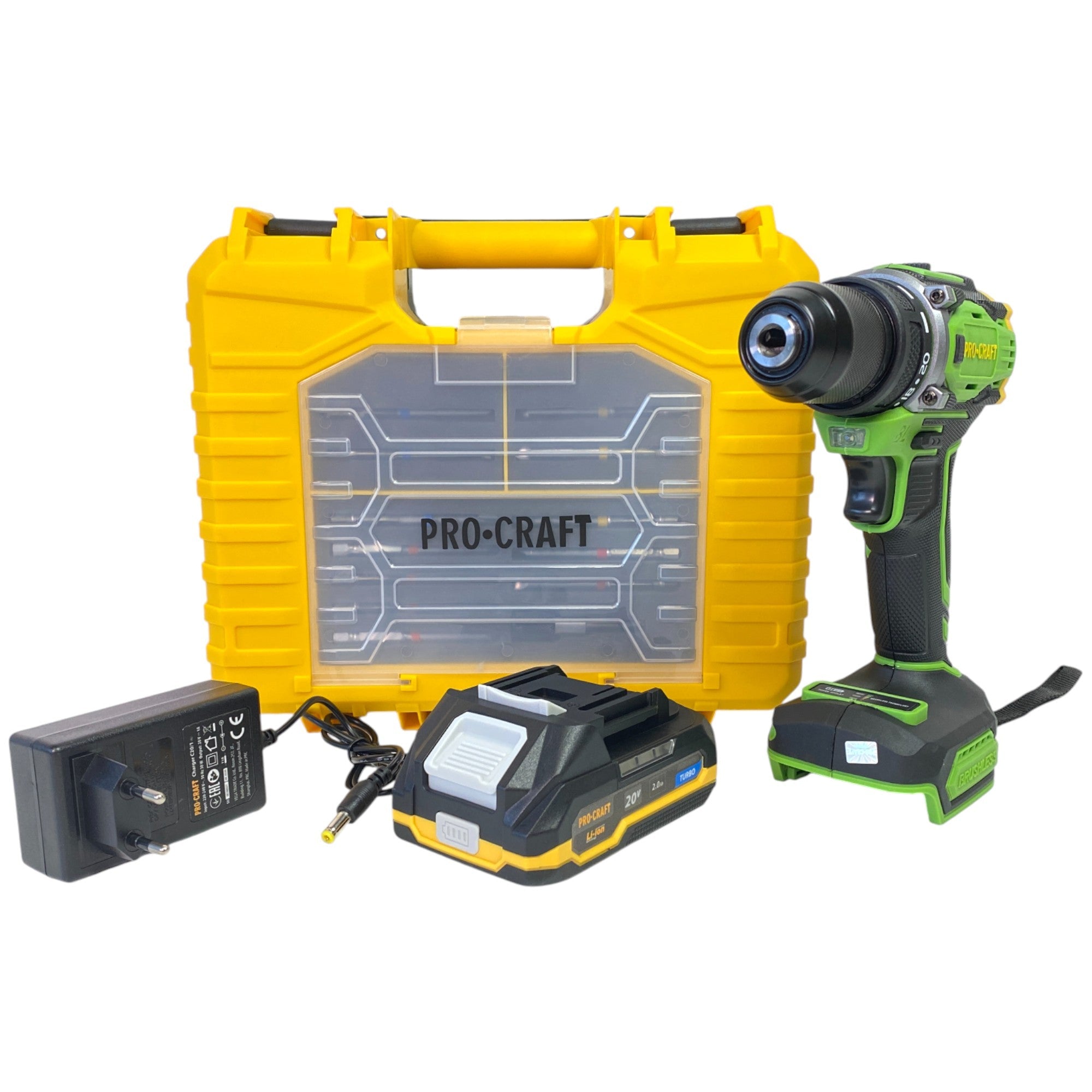 Procraft PA18Pro2-1B-C Akku Bohrschrauber 20 V 30 Nm Brushless + 1x Akku 2,0 Ah + Ladegerät + 13 tlg. Bit Set + Koffer