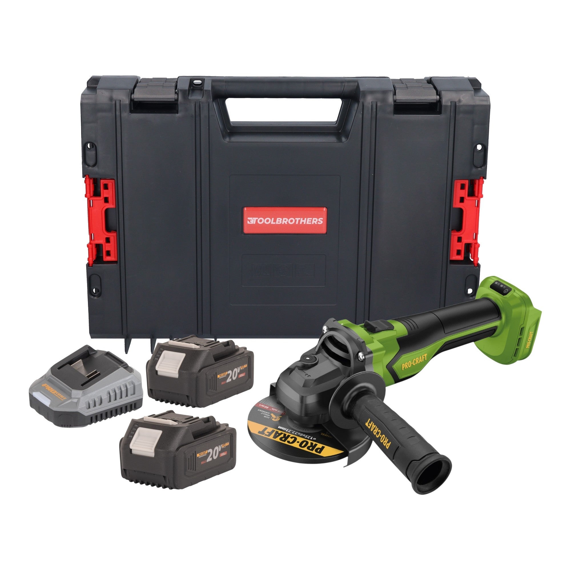 Procraft PGA22-BB Akku Winkelschleifer 20 V 125 mm Brushless + 2x Akku 4,0 Ah + Ladegerät + RHINO Toolcase