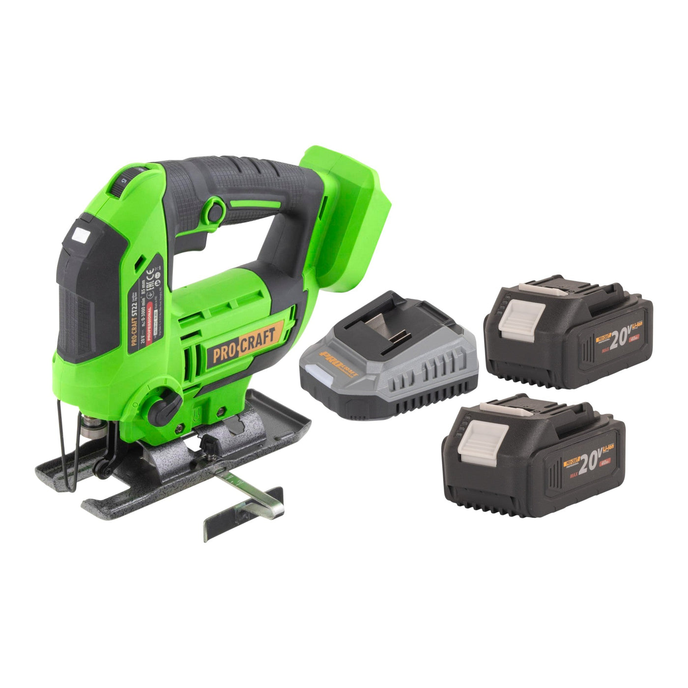 Procraft ST22 Akku Stichsäge 20 V 80 mm Brushless + 2x Akku 4,0 Ah + Ladegerät