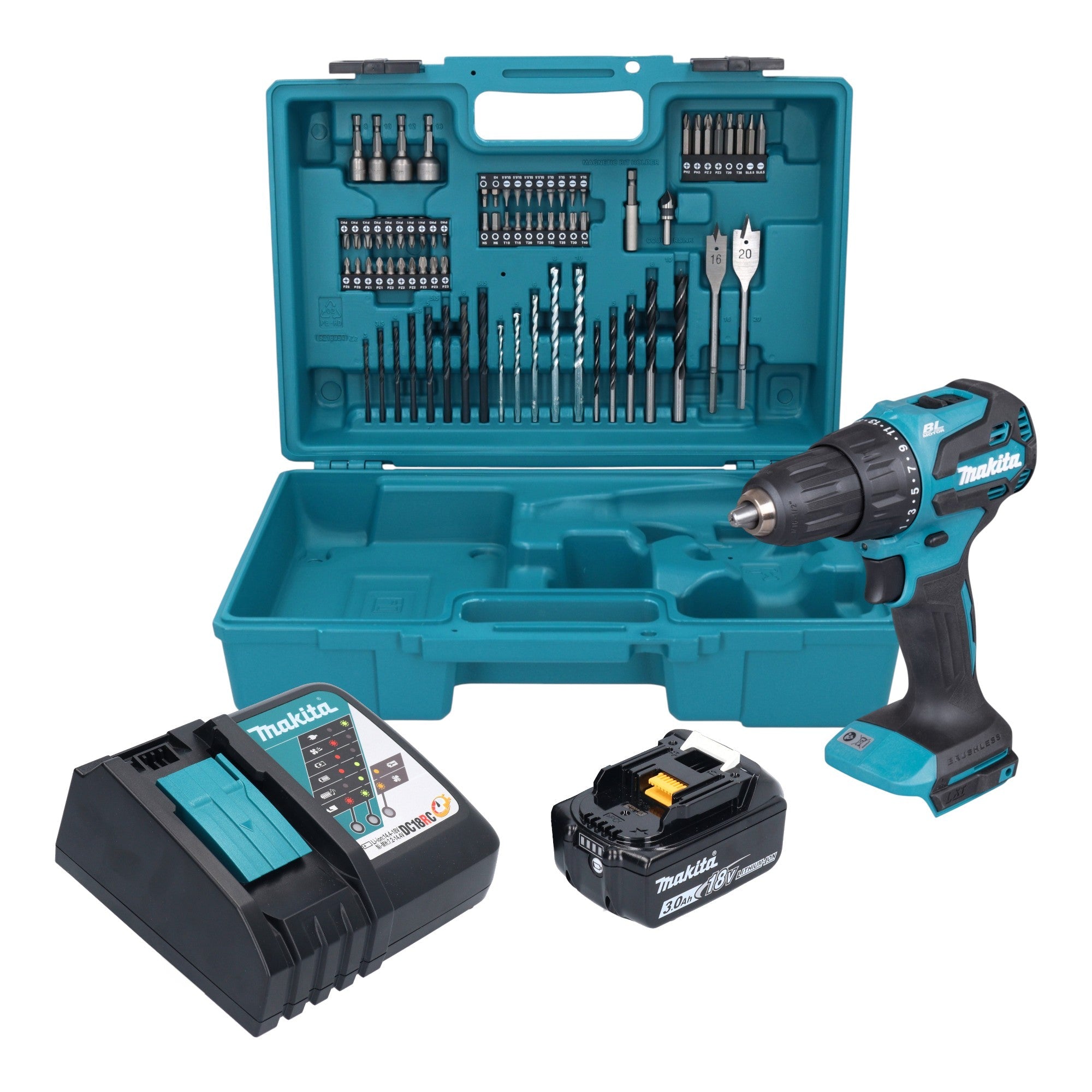 Makita DHP 490 RF1X3 Akku Schlagbohrschrauber 18 V 65 Nm Brushless + 1x Akku 3,0 Ah + Ladegerät + 74 tlg. Zubehör Set + Koffer